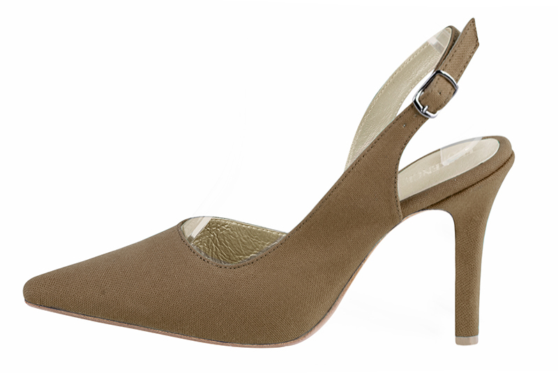 Camel beige women's slingback shoes. Pointed toe. High slim heel. Profile view - Florence KOOIJMAN
